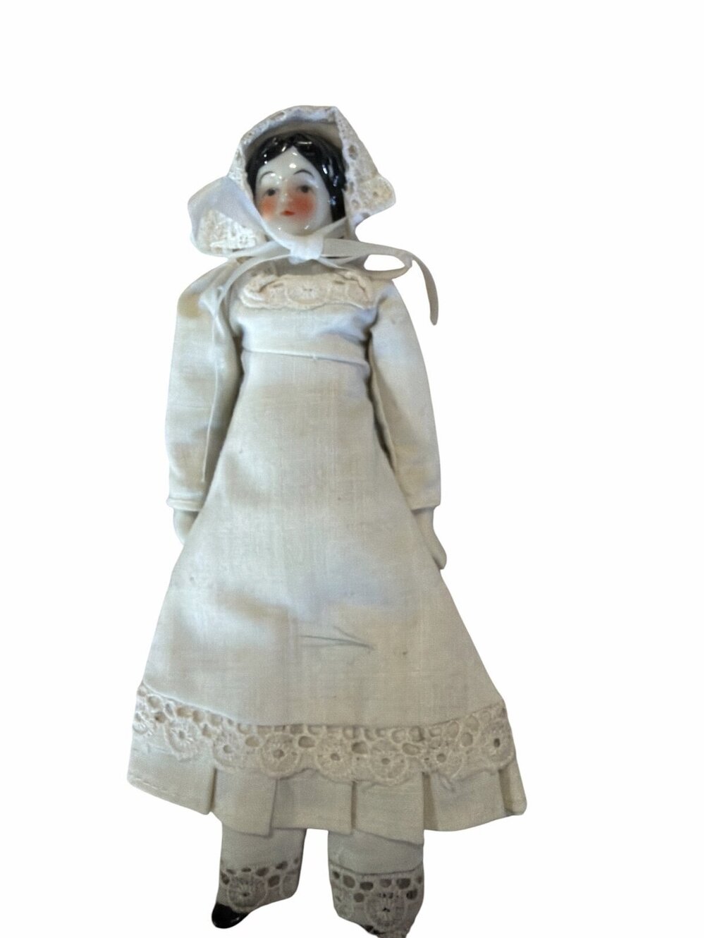 Vintage Porcelain Doll in White Dress and Bonnet 7”